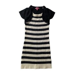 Cherry Stix Girls M Black White Striped Sweater Dress Short Sleeve Knit Sparkle